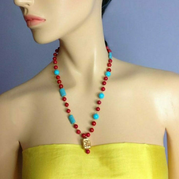 Ravishing Red Pearls With Turquoise Gold Pendant Necklace