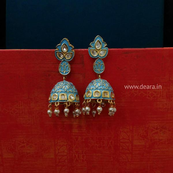 Sky Blue Enamel Golden Jhumka Earrings