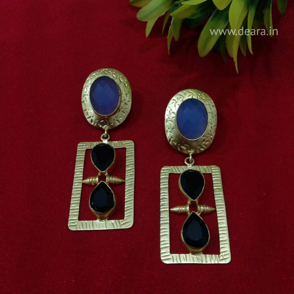 Blue Chalcedony and Black Onyx Stone Long Earrings