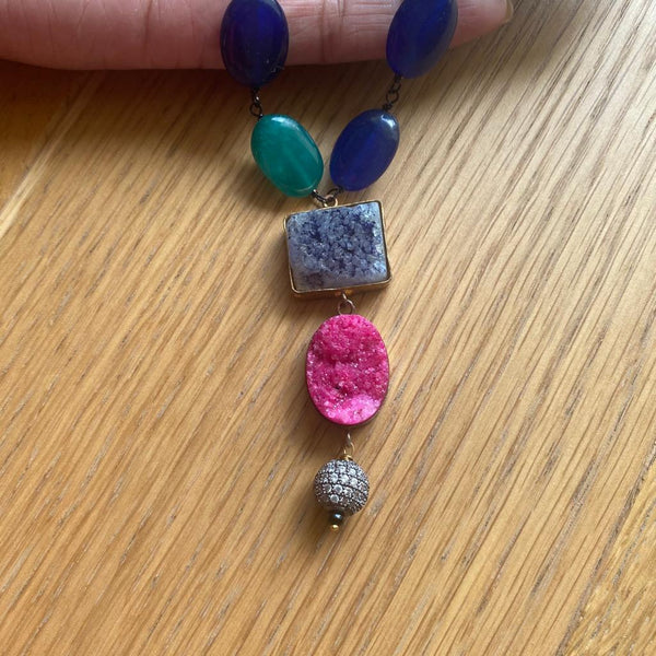 Admirable Green & Blue Gemstone With Druzy Pendant Necklace