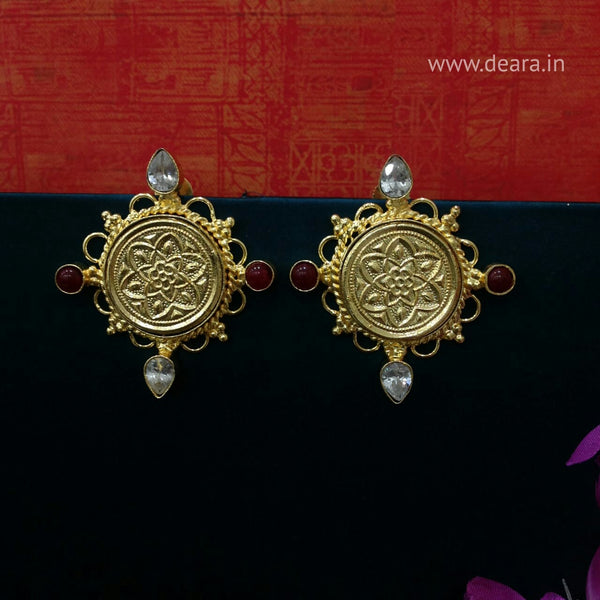 Golden Floral Embossed Circlet Drop Earring