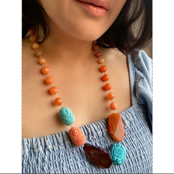 Astonishing Multi Hues of Turquoise and Peach Coral Necklace