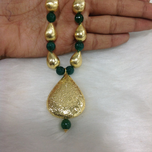 Emerald Green and Gold Beaded Leaf Pendant Necklace