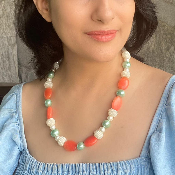 Serene White Pearls with Peach Gemstone Necklace