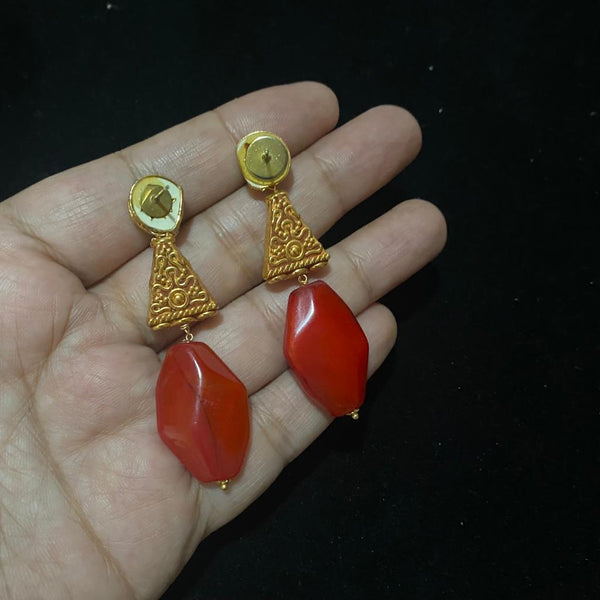 Fancy Red and Hand Carved Golden Beads with Kundan Earrings