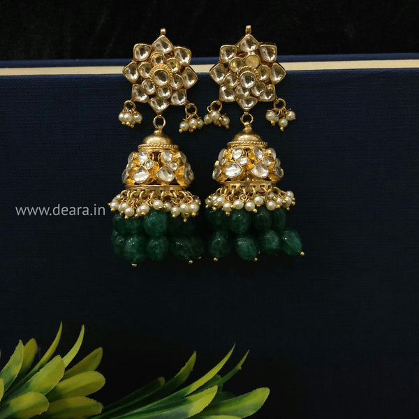 Lustrous Kundan Green Jhumka Long Earrings