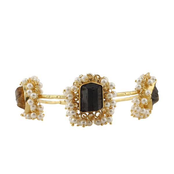 Pearl Showers on Black Quartz Rocks Bracelet - Adjustable Size