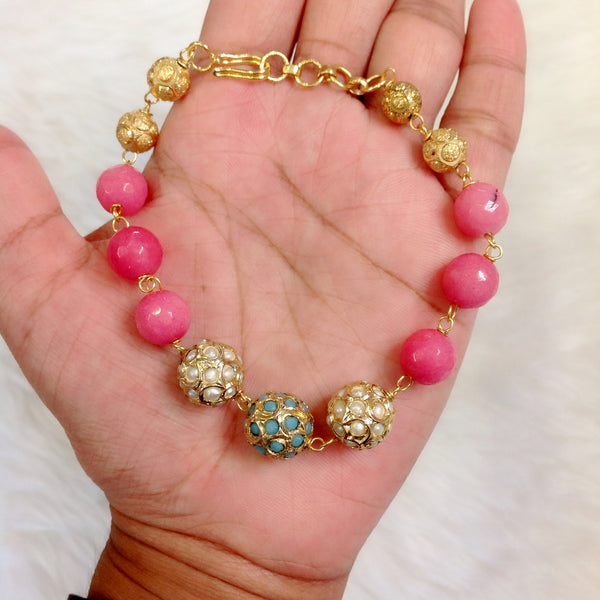 Golden Encrusted Pink Agate Bracelet