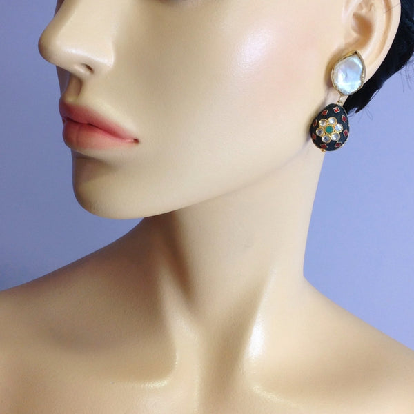 Exquisite Grey Meenakari Floral Kundan Baroque Pearl Earrings