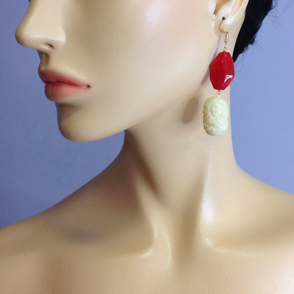 Mermaid Encarved Cream Corals and Candy Red Earrings