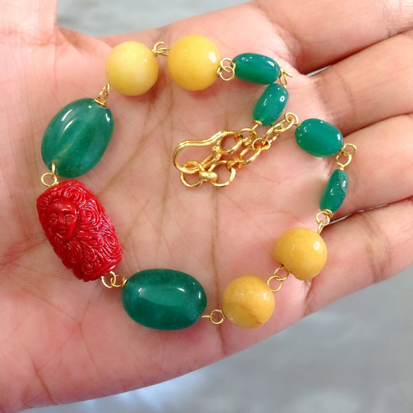 Emerald Green and Yellow with Red Coral Bracelet Set