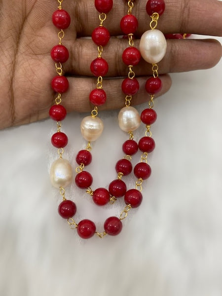 Red Synthetic Coral Beads With Fresh Water Pearl