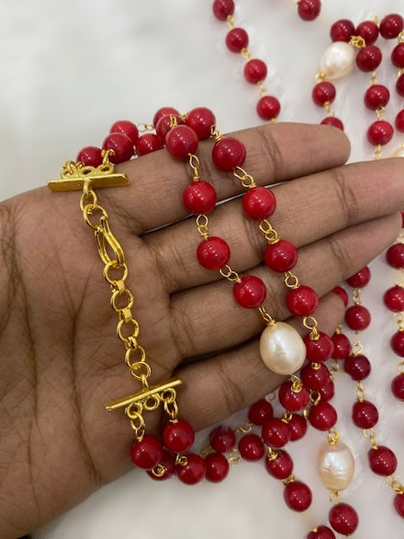 Red Synthetic Coral Beads With Fresh Water Pearl