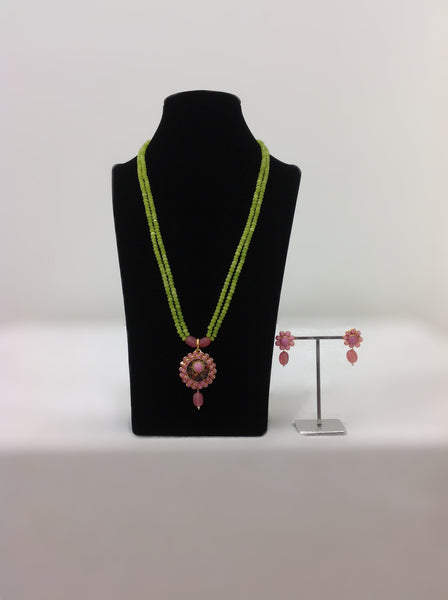 Two Stranded Lime Green with Handcarved Pendant and Pink Lemonade Necklace Set