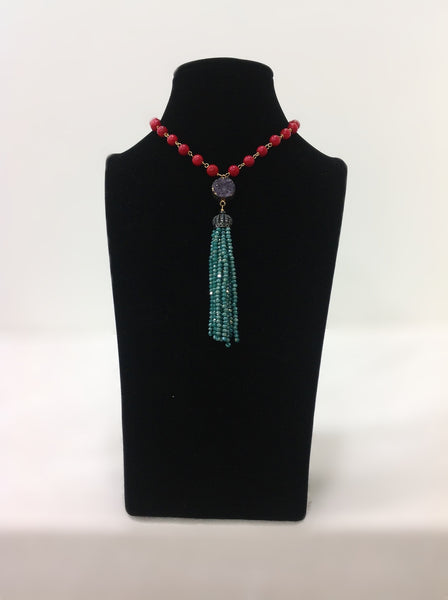 Charismatic Cherry Red Corals and Aquamarine Green Tassel Necklace