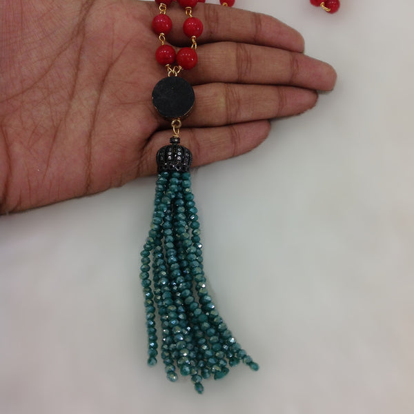 Charismatic Cherry Red Corals and Aquamarine Green Tassel Necklace