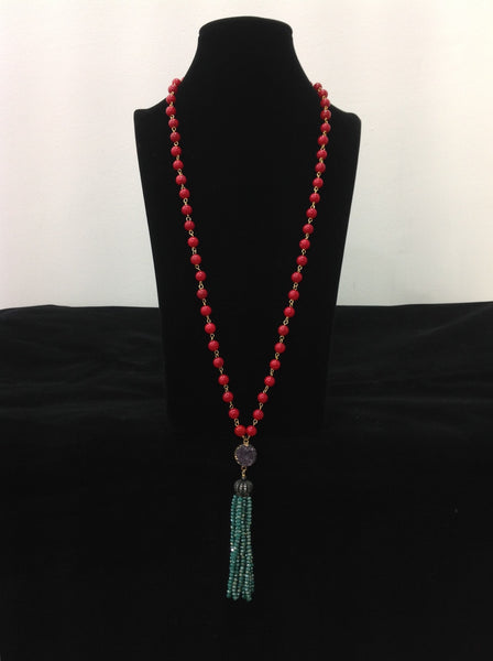 Charismatic Cherry Red Corals and Aquamarine Green Tassel Necklace