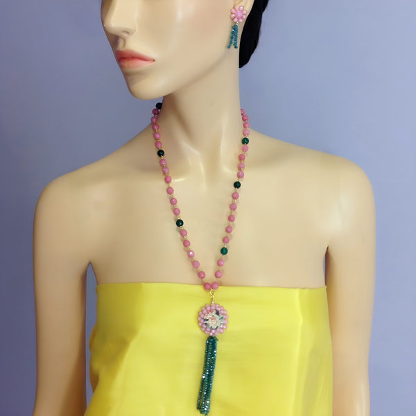 Rose Pink Floral Blue Tassel Necklace
