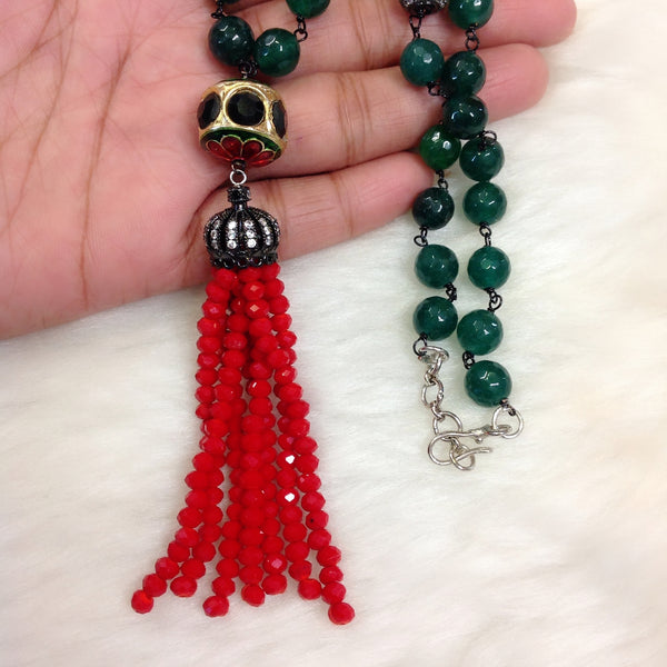 Gorgeous Green Gems with Beaded Red Tassel Necklace