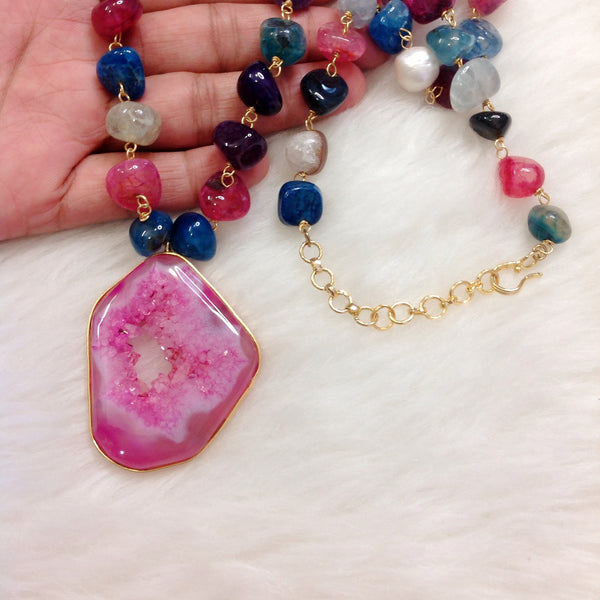 Bold Baroque Pearl With Druzy Pendant Multicolor Gemstones Necklace