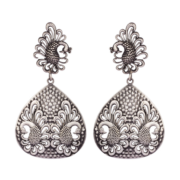 Twin Peacock Long Real Silver Earrings