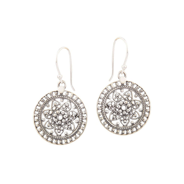 Round Ethnic Silver Drop Earrings