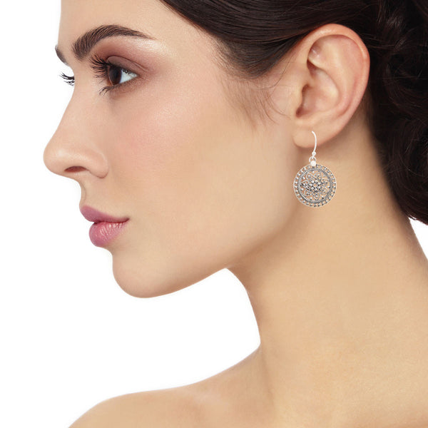 Round Ethnic Silver Drop Earrings