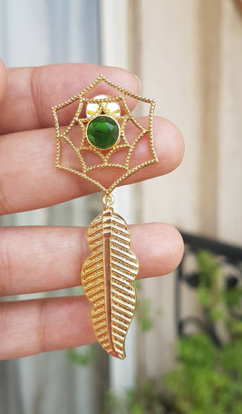 Leaf and Flower Gold and Green Long Earrings