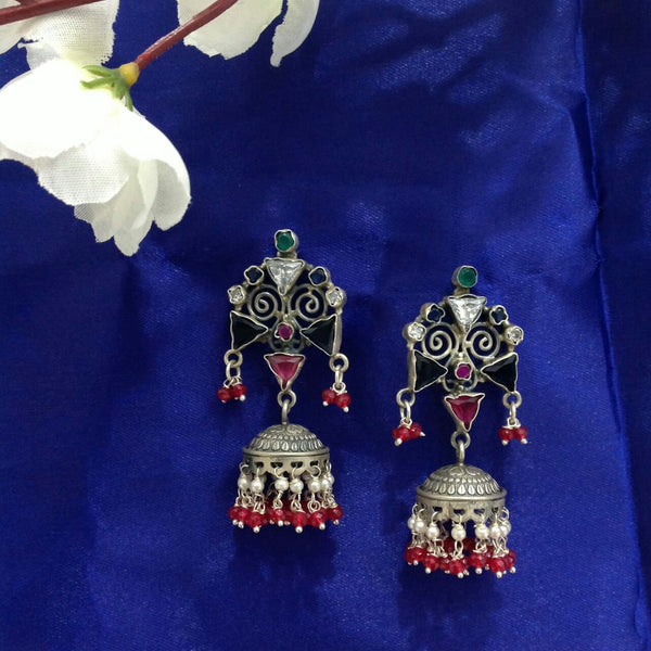 Fabulous Blue Red and Silver Jhumka Long Earrings