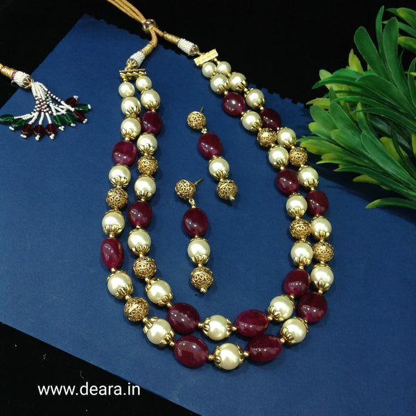 Sangria Red Gemstones Golden Handcarved Necklace Set