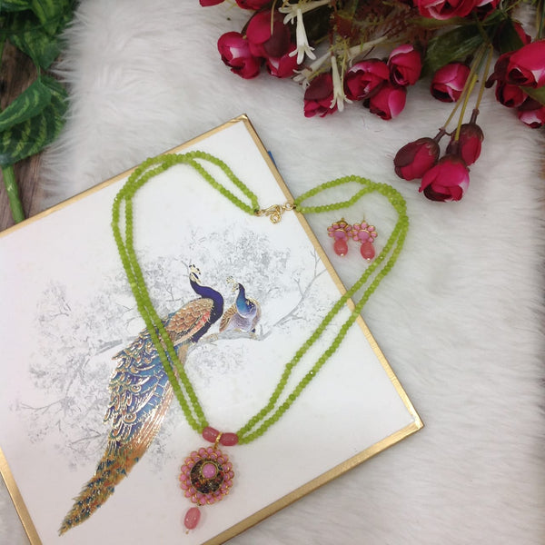 Two Stranded Lime Green with Handcarved Pendant and Pink Lemonade Necklace Set