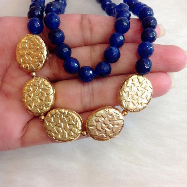 Delightful Blue Gemstones with Golden Handcarved Oval Necklace