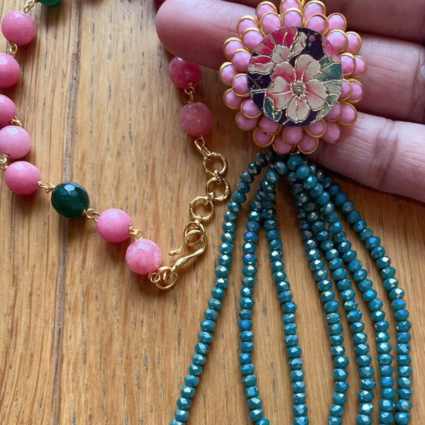 Rose Pink Floral Blue Tassel Necklace