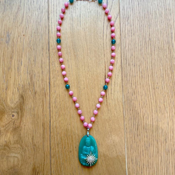 Periwinkle Pink Enlighted Buddha Green Pendant Necklace