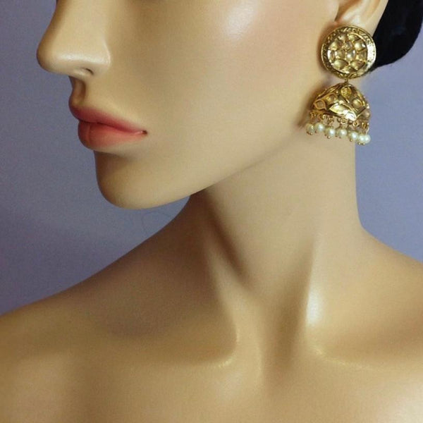 Golden Touch of Enamel Kundan and Pearls Jhumka Earrings