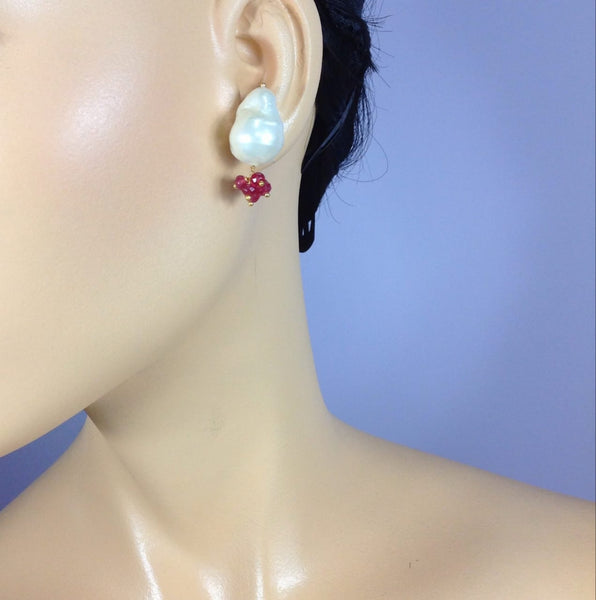 Dazzling Baroque Pearls with Red Quartz Earrings