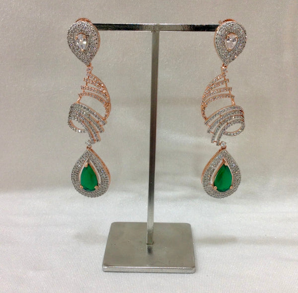 Emerald Green and Rose Zircons Long Earrings