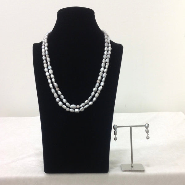 Snow White Fresh Water Pearl With Cubic Zirconia Necklace Set