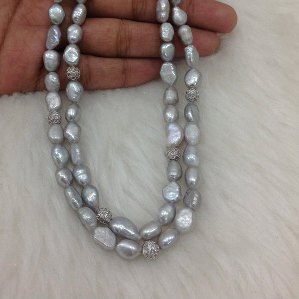 Snow White Fresh Water Pearl With Cubic Zirconia Necklace Set