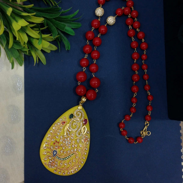 Lemon Handworked Pendant With Synthetic Beads Necklace