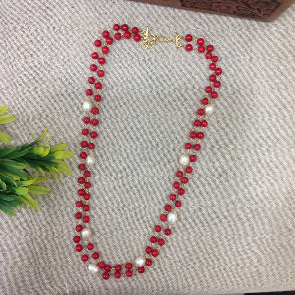 Red Synthetic Coral Beads With Fresh Water Pearl