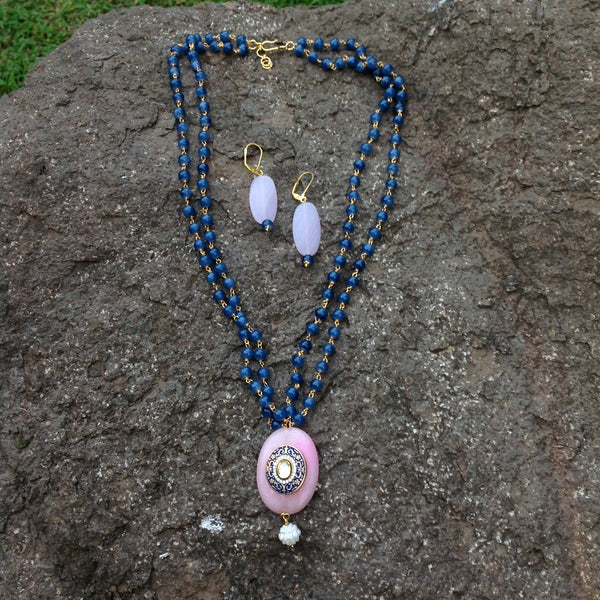 Admiral Blue with Lavender Pink Agate Enamel Pendant Necklace Set