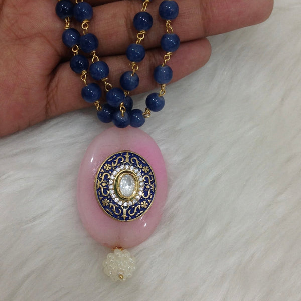 Admiral Blue with Lavender Pink Agate Enamel Pendant Necklace Set