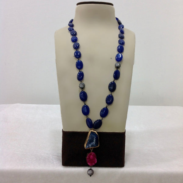 Navy Blue Gemstone With Druzy Pendant Necklace