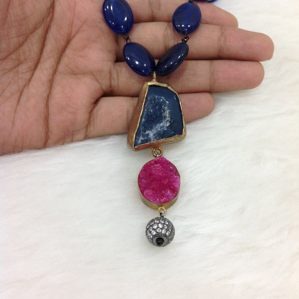 Navy Blue Gemstone With Druzy Pendant Necklace