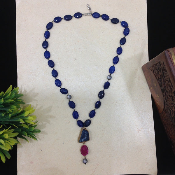 Navy Blue Gemstone With Druzy Pendant Necklace