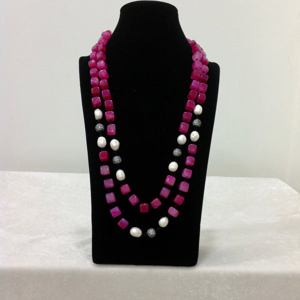 Fuscia Pink Fresh Water Pearl With Cubic Zirconia Necklace