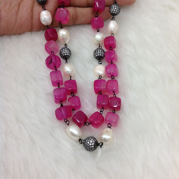 Fuscia Pink Fresh Water Pearl With Cubic Zirconia Necklace