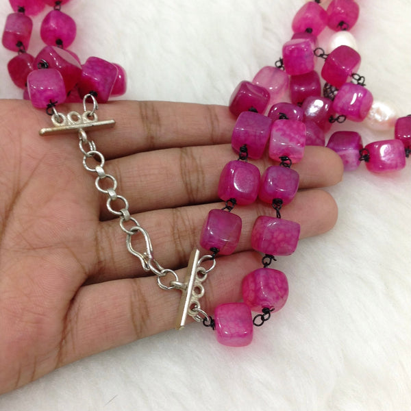 Fuscia Pink Fresh Water Pearl With Cubic Zirconia Necklace