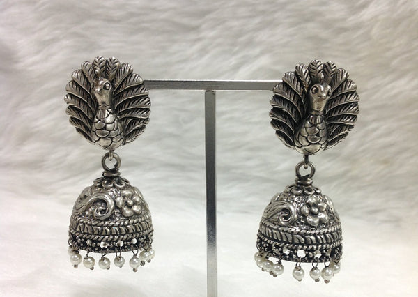 Silver Feathers Long Jhumka Earrings